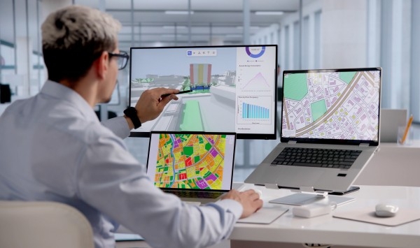 A male office worker sits at a white desk with multiple screens displaying GIS mapping data, pointing a stylus at a large monitor showing a 3D urban model and data charts.